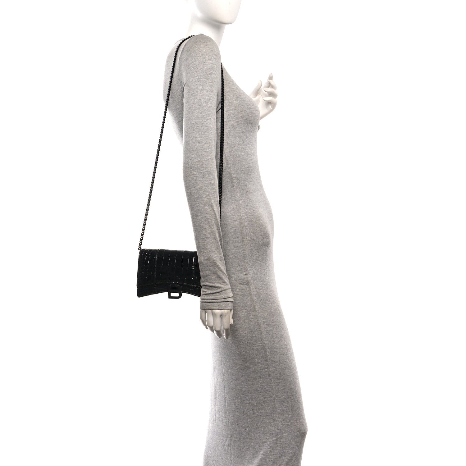Shiny Calfskin Monochrome Crocodile Embossed Hourglass Chain Bag Black