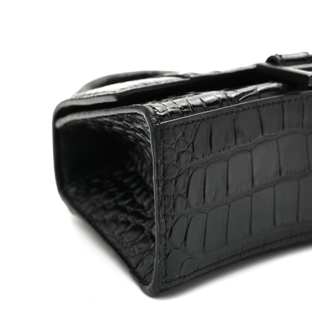 Shiny Calfskin Monochrome Crocodile Embossed Hourglass Top Handle Bag XS Black