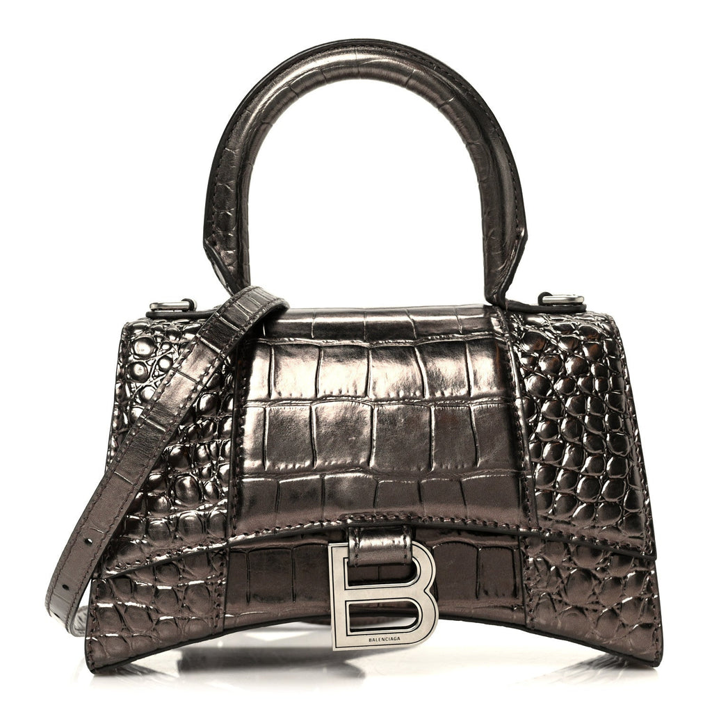 Metallic Shiny Calfskin Crocodile Embossed Hourglass Top Handle Bag XS Dark Bronze