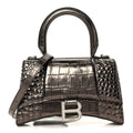 Metallic Shiny Calfskin Crocodile Embossed Hourglass Top Handle Bag XS Dark Bronze