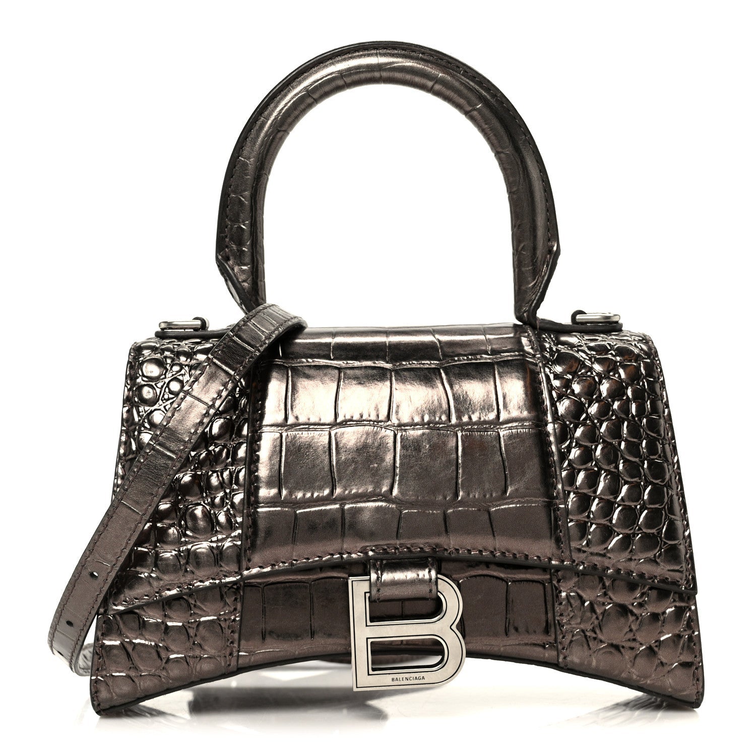 Metallic Shiny Calfskin Crocodile Embossed Hourglass Top Handle Bag XS Dark Bronze