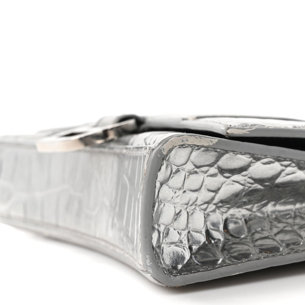 Metallic Calfskin Crocodile Embossed Hourglass Chain Bag Silver
