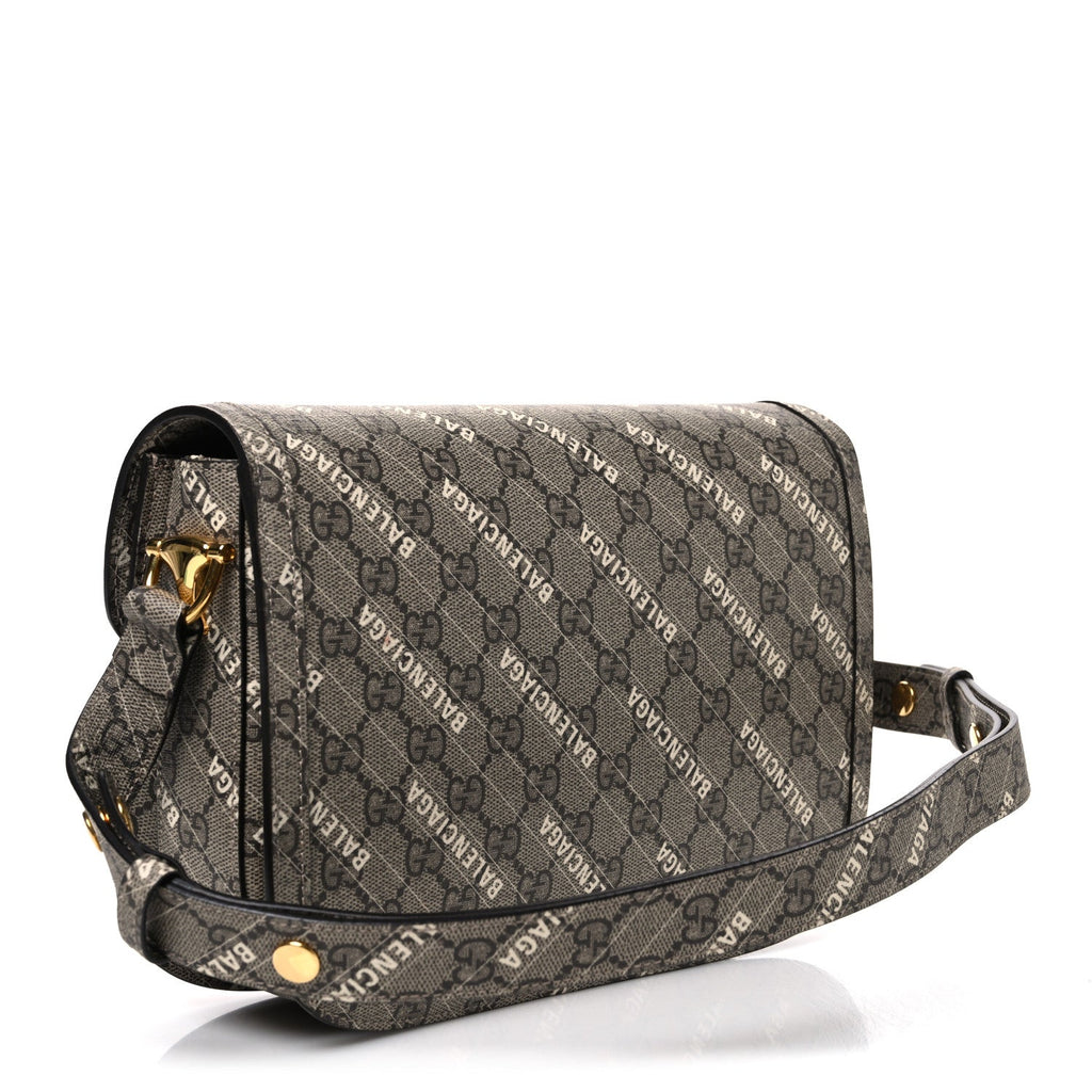X BALENCIAGA GG Supreme Monogram Logo Print Horsebit 1955 Shoulder Bag Beige Ebony