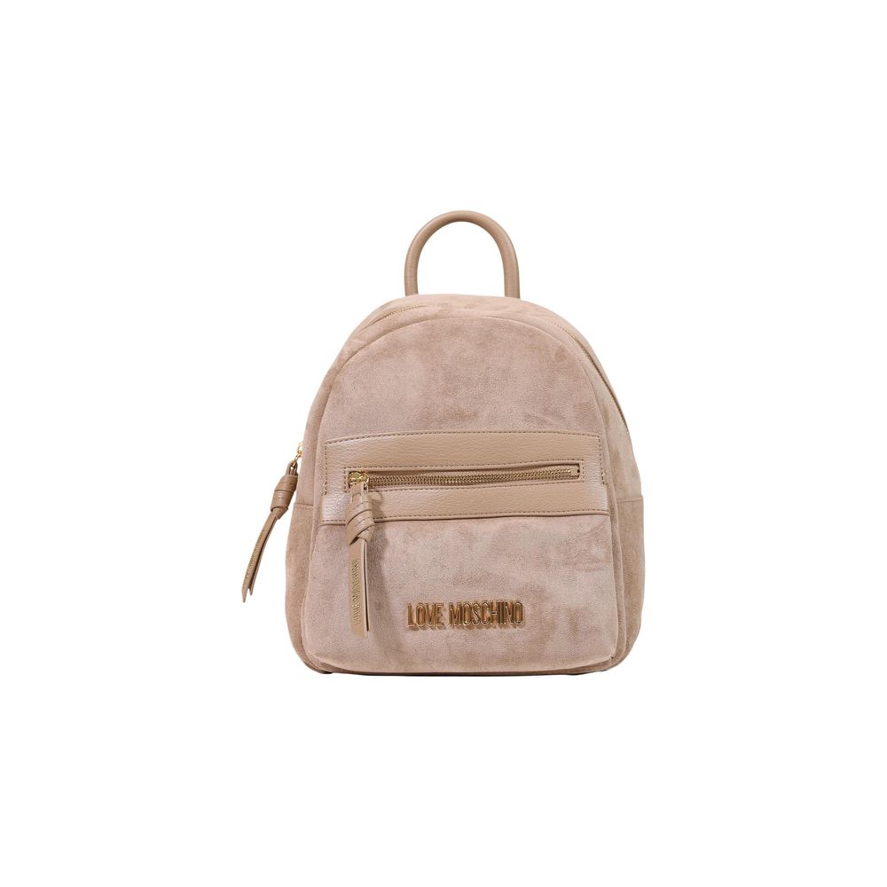 Suede‑Effect Beige Polyester Backpack