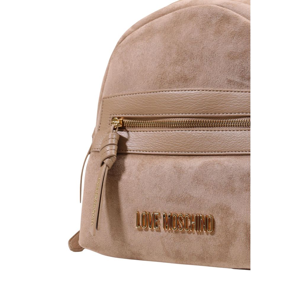 Suede‑Effect Beige Polyester Backpack