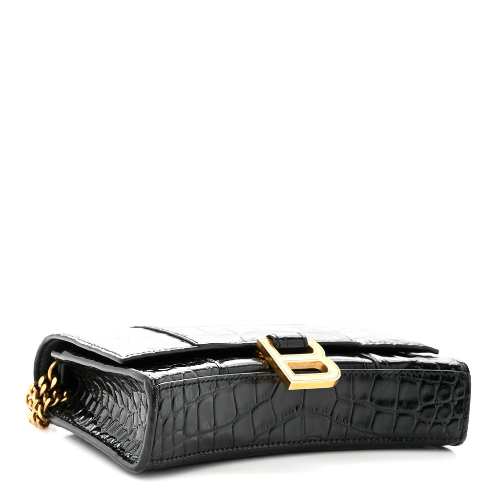 Shiny Calfskin Crocodile Embossed Hourglass Chain Bag Black