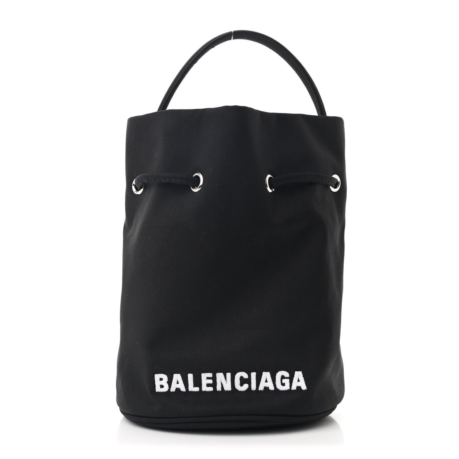Recycled Sport Nylon Logo Embroidered Wheel Drawstring Bucket Bag Black White