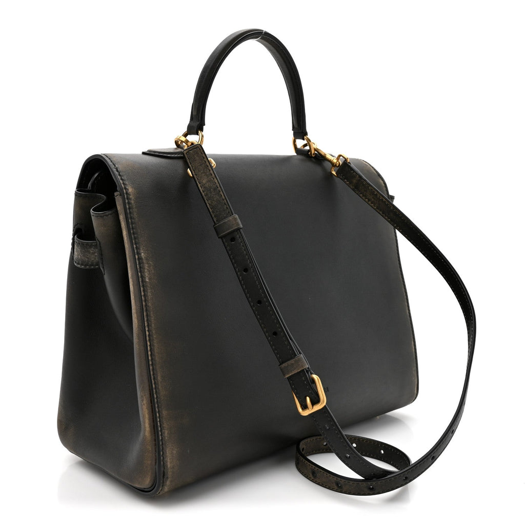 Used Calfskin Money Top Handle Handbag Black