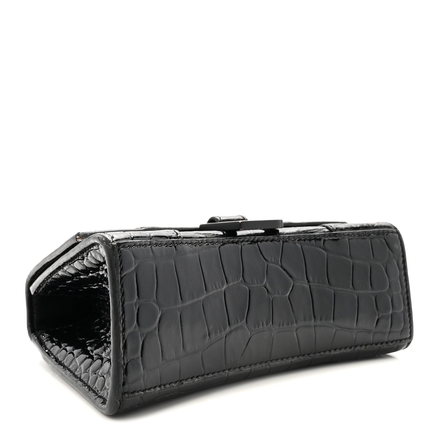 Shiny Calfskin Monochrome Crocodile Embossed Hourglass Top Handle Bag XS Black