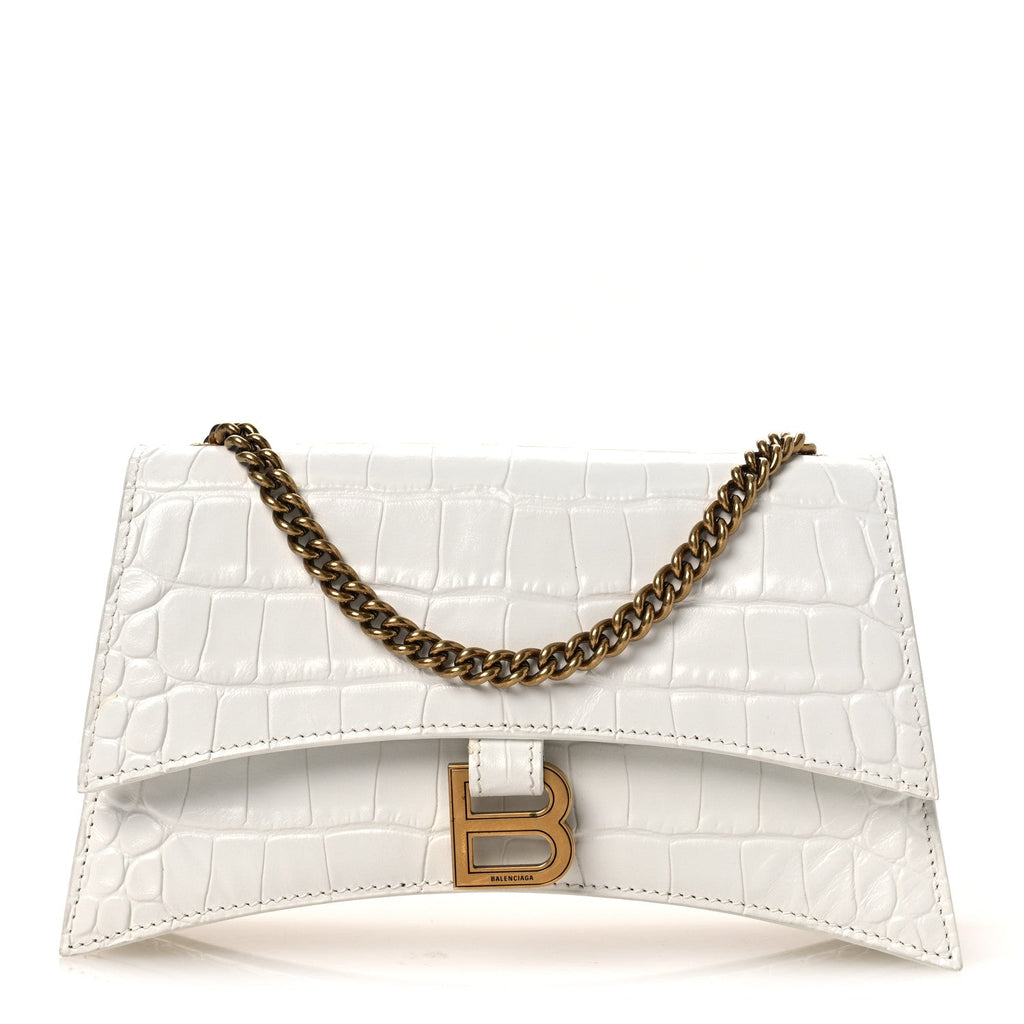 Calfskin Crocodile Embossed Small Crush Chain Bag White