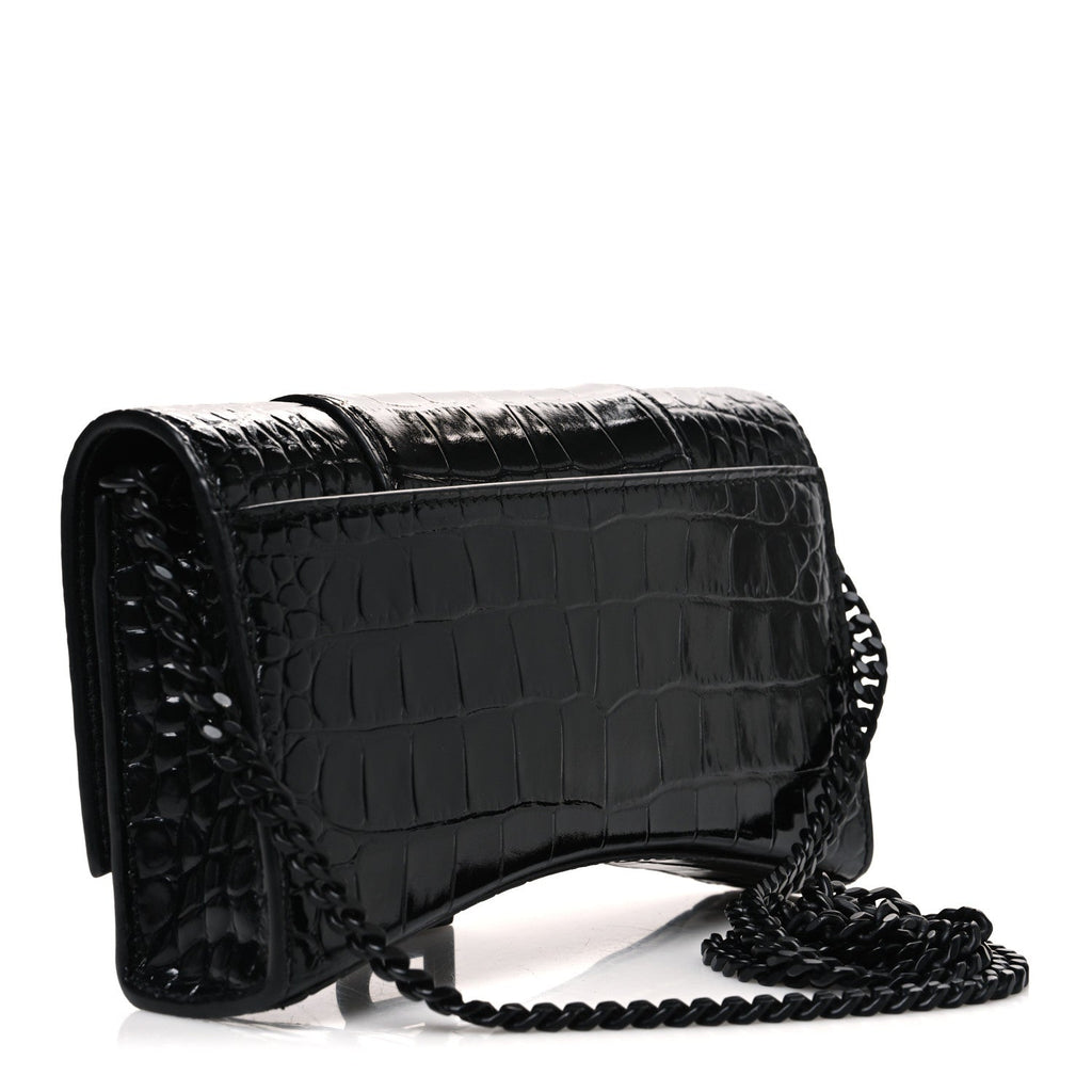 Shiny Calfskin Monochrome Crocodile Embossed Hourglass Chain Bag Black