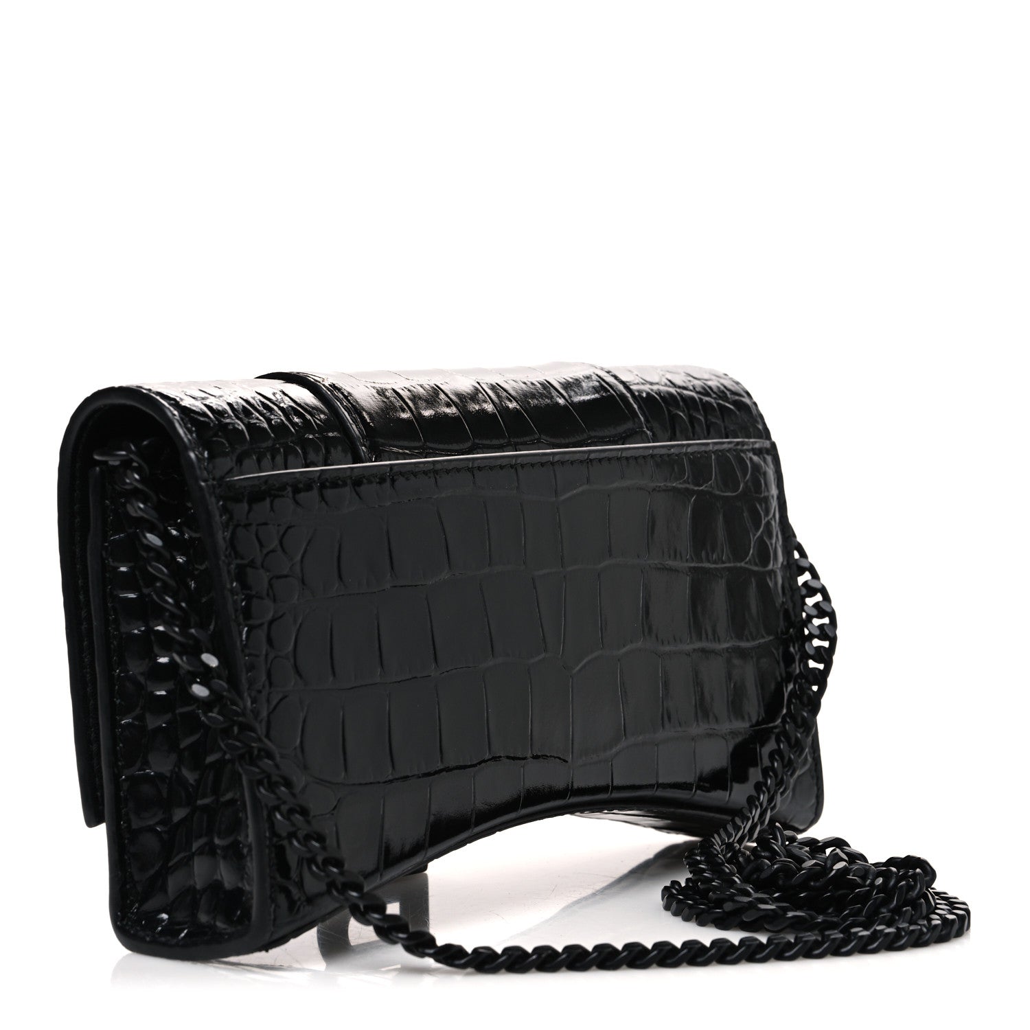 Shiny Calfskin Monochrome Crocodile Embossed Hourglass Chain Bag Black