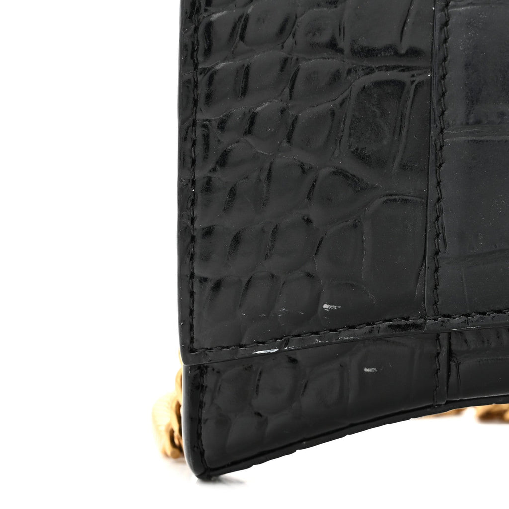 Shiny Calfskin Crocodile Embossed Hourglass Chain Bag Black
