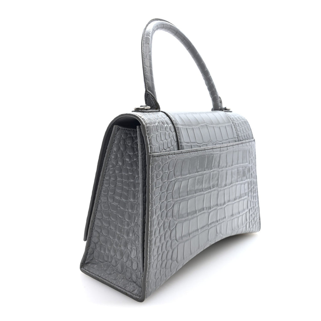 Shiny Calfskin Crocodile Embossed Medium Hourglass Top Handle Bag Balenciaga Grey