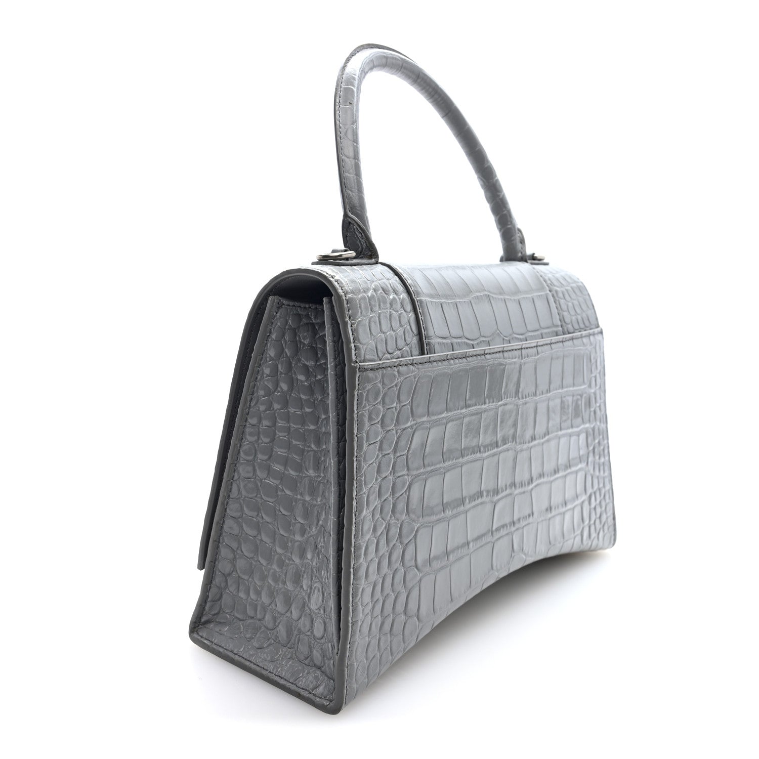 Shiny Calfskin Crocodile Embossed Medium Hourglass Top Handle Bag Balenciaga Grey