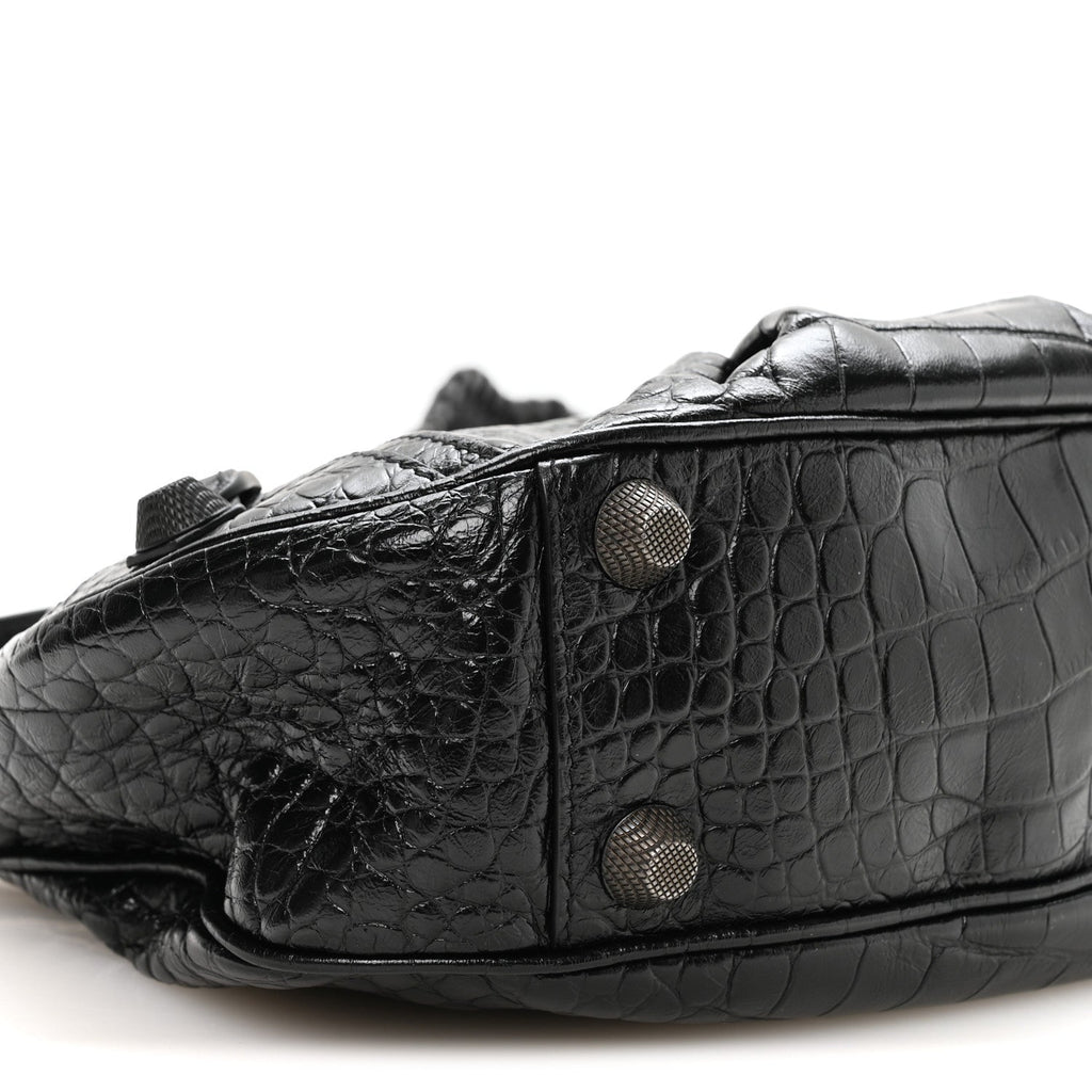 Extra Supple Calfskin Crocodile Embossed Monochrome Small Le Cagole Shoulder Bag Black