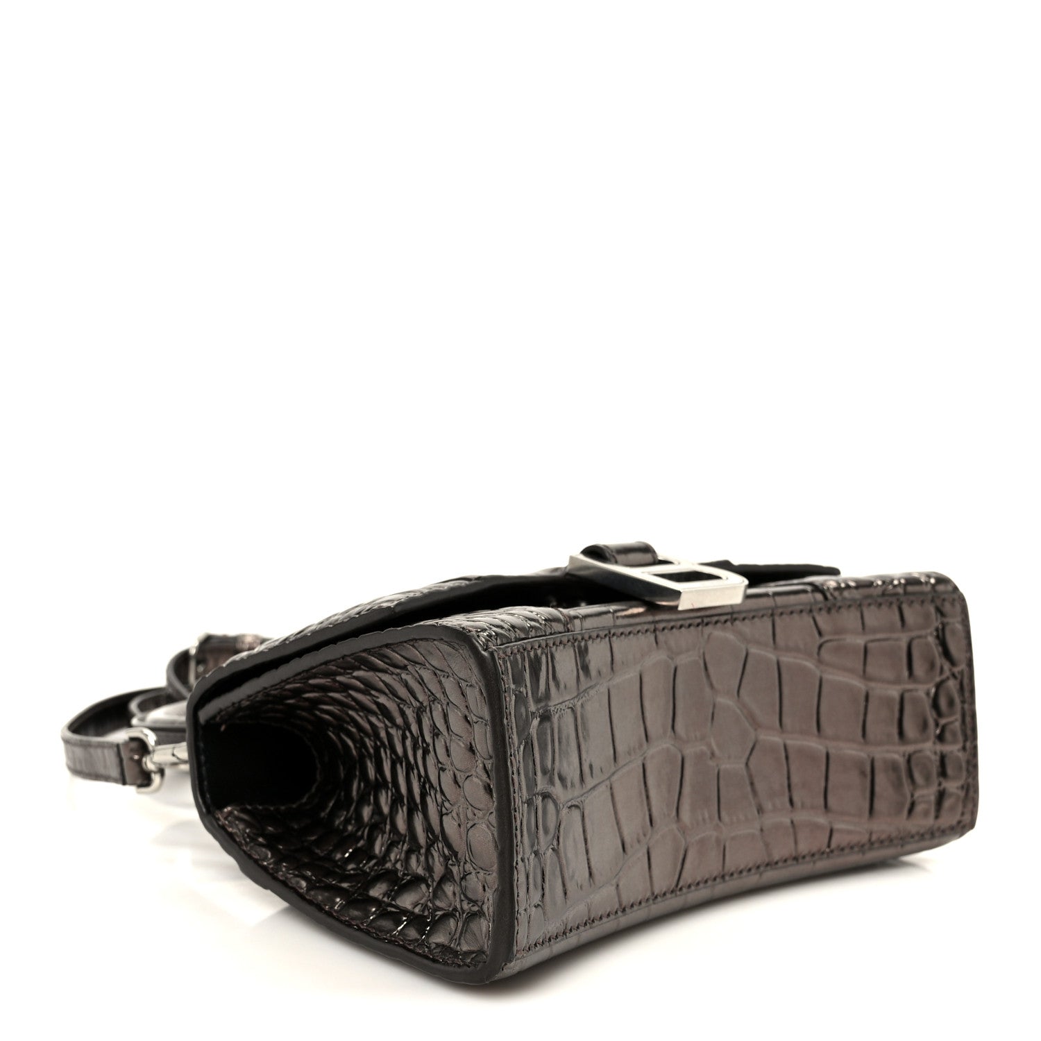 Metallic Shiny Calfskin Crocodile Embossed Hourglass Top Handle Bag XS Dark Bronze