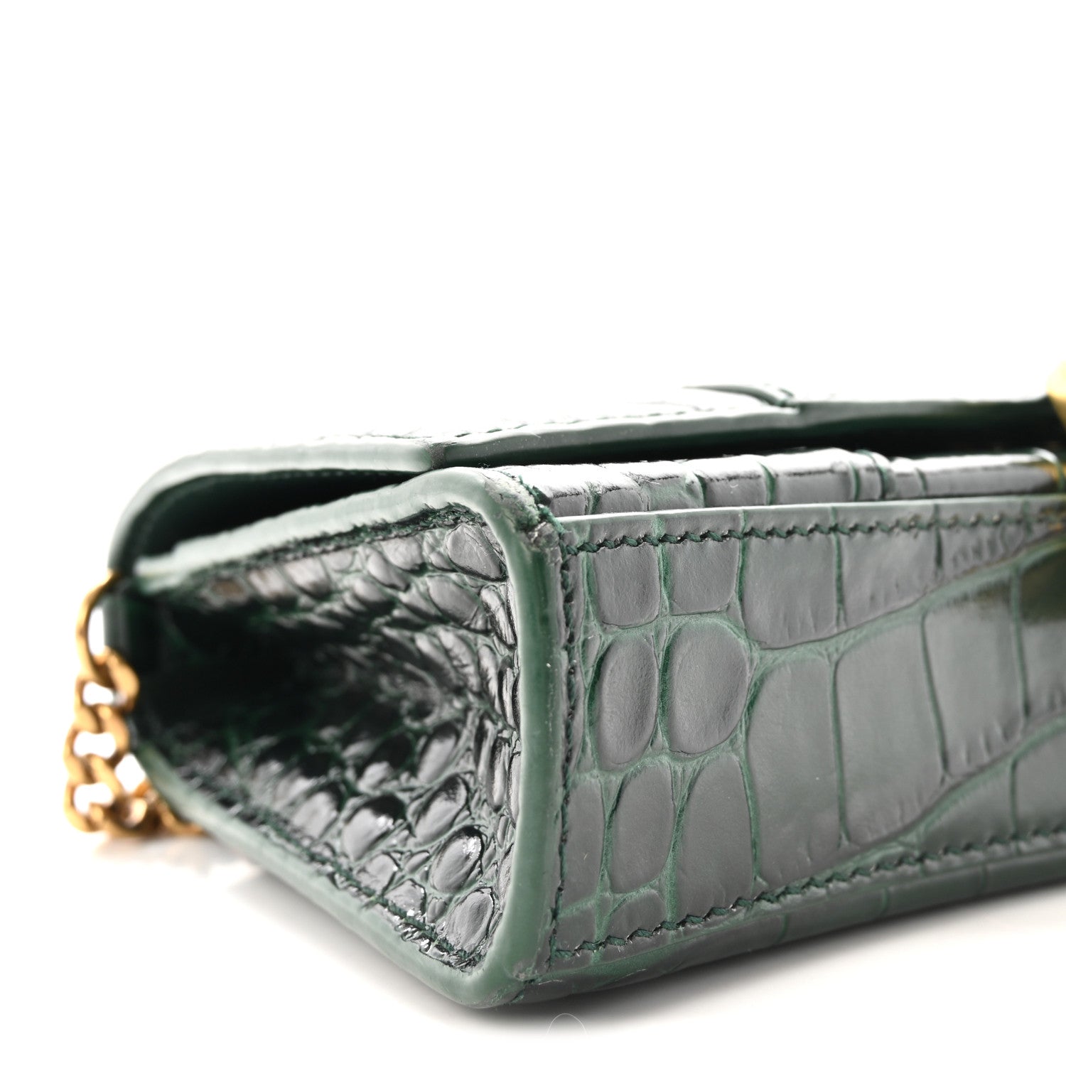 Shiny Calfskin Crocodile Embossed Hourglass Chain Bag Forest Green