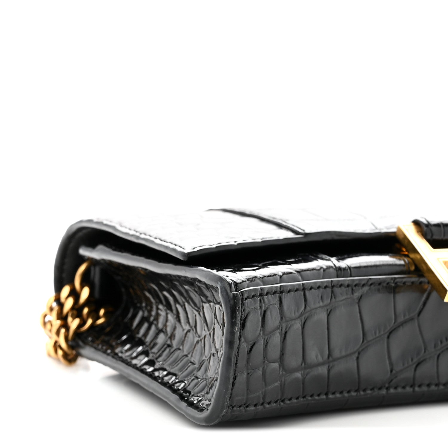 Shiny Calfskin Crocodile Embossed Hourglass Chain Bag Black
