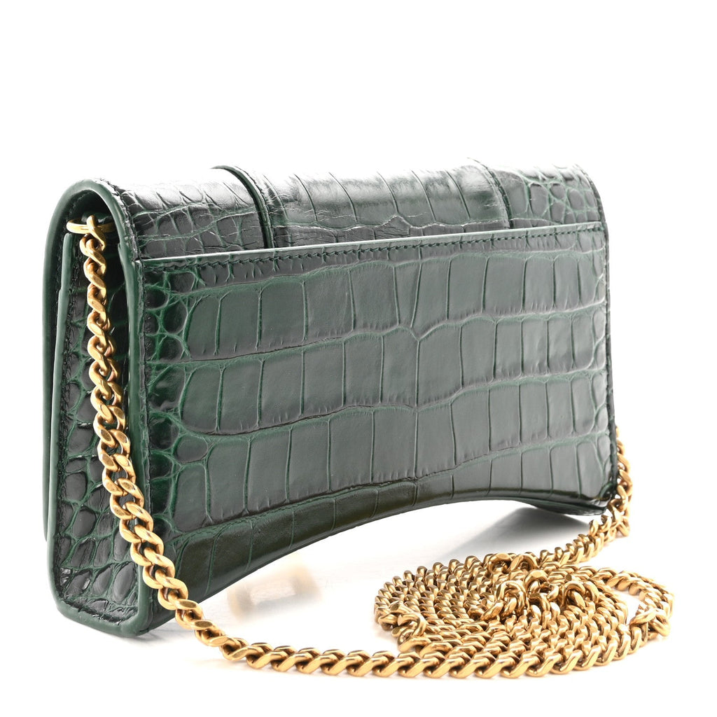 Shiny Calfskin Crocodile Embossed Hourglass Chain Bag Forest Green