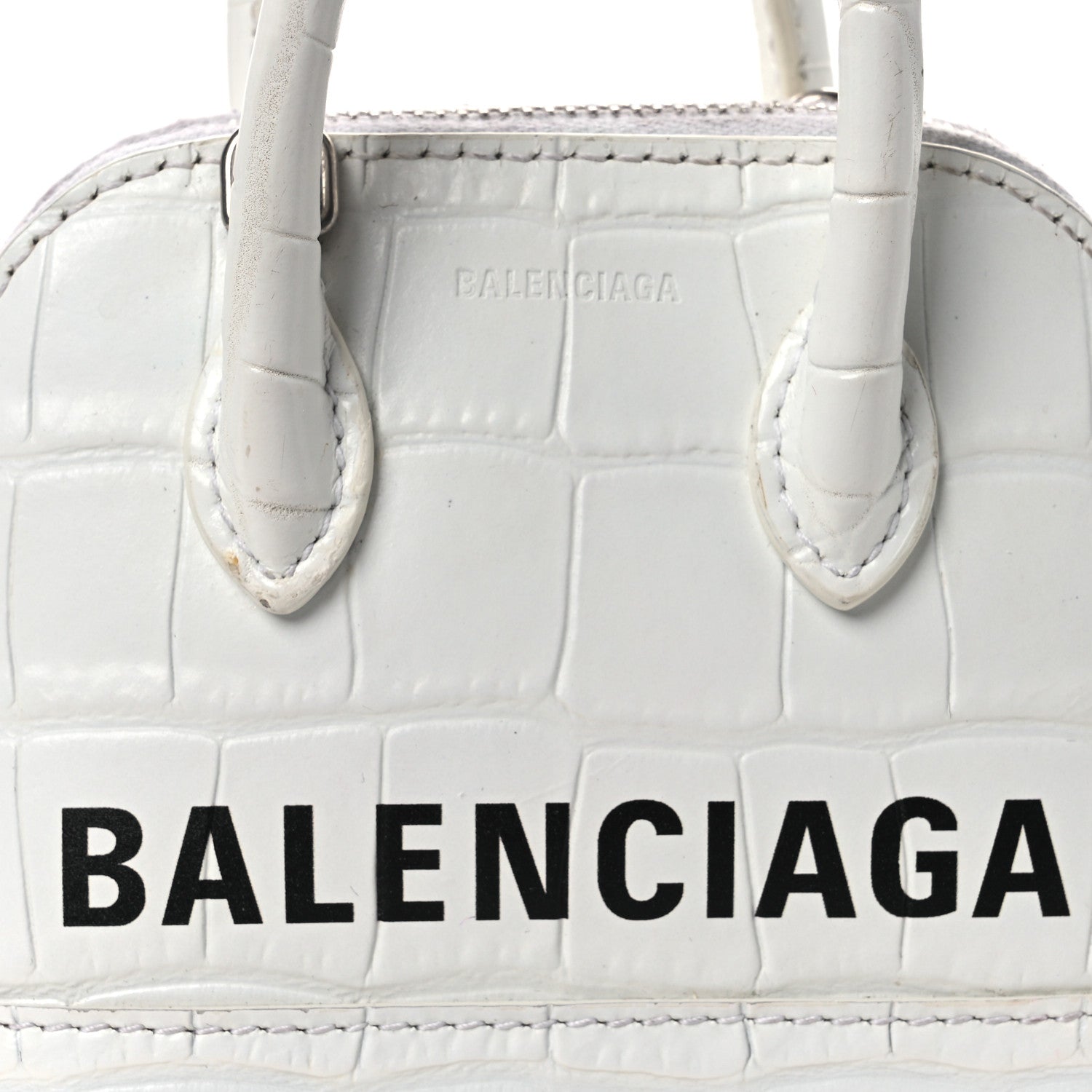 Calfskin Logo Crocodile Embossed Mini Ville Top Handle Bag White Black
