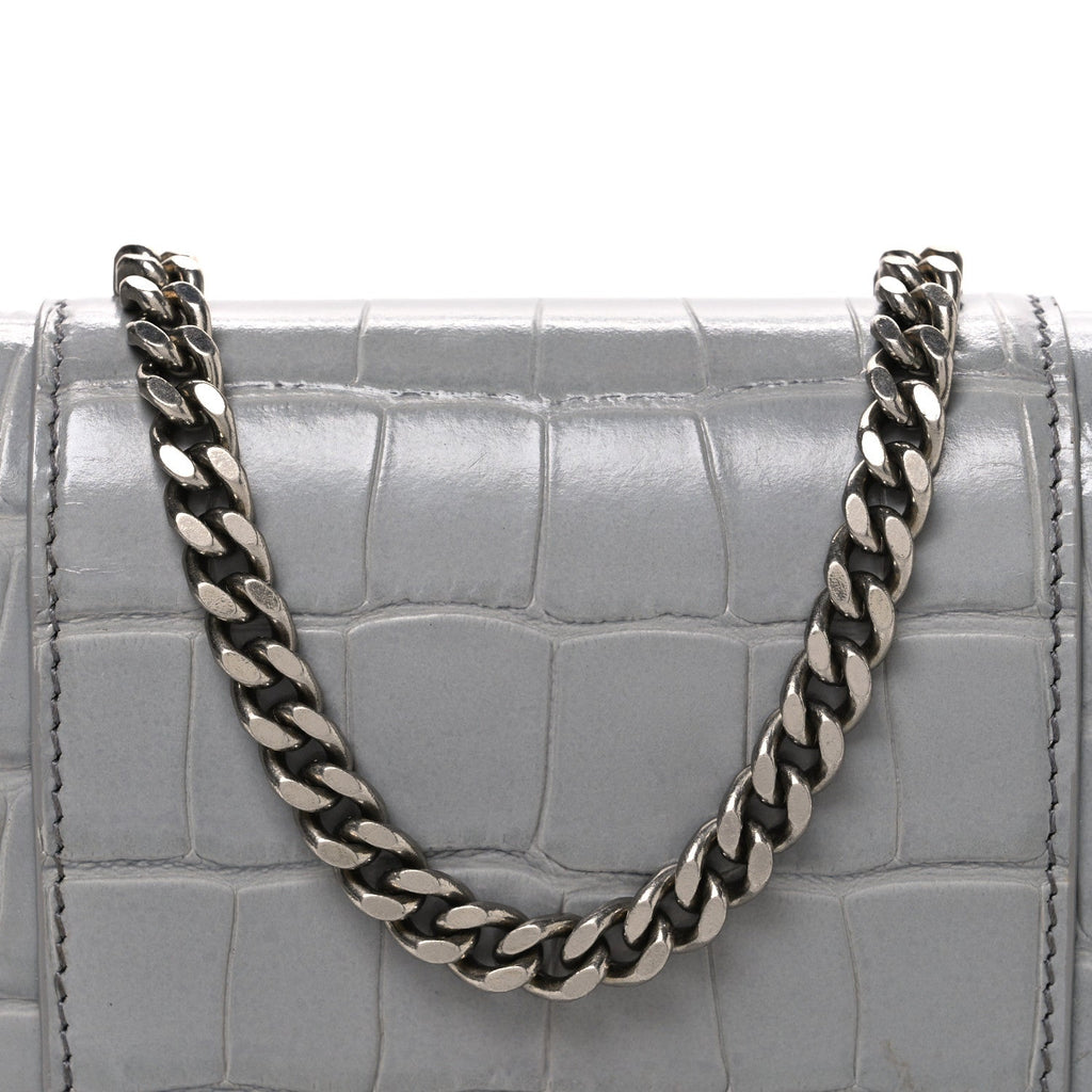 Shiny Calfskin Crocodile Embossed Hourglass Chain Bag Balenciaga Steel Grey
