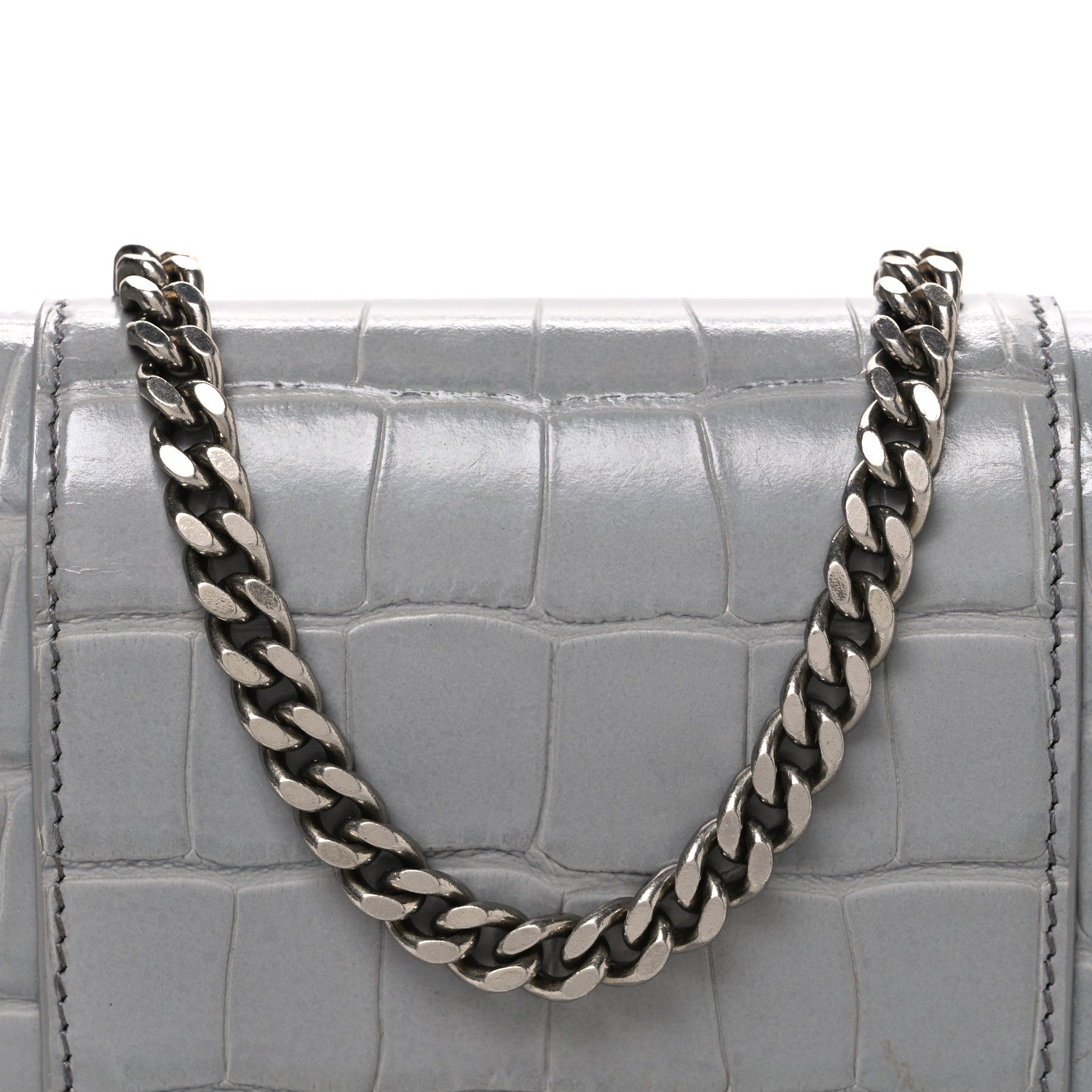 Shiny Calfskin Crocodile Embossed Hourglass Chain Bag Balenciaga Steel Grey