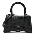 Shiny Calfskin Monochrome Crocodile Embossed Hourglass Top Handle Bag XS Black
