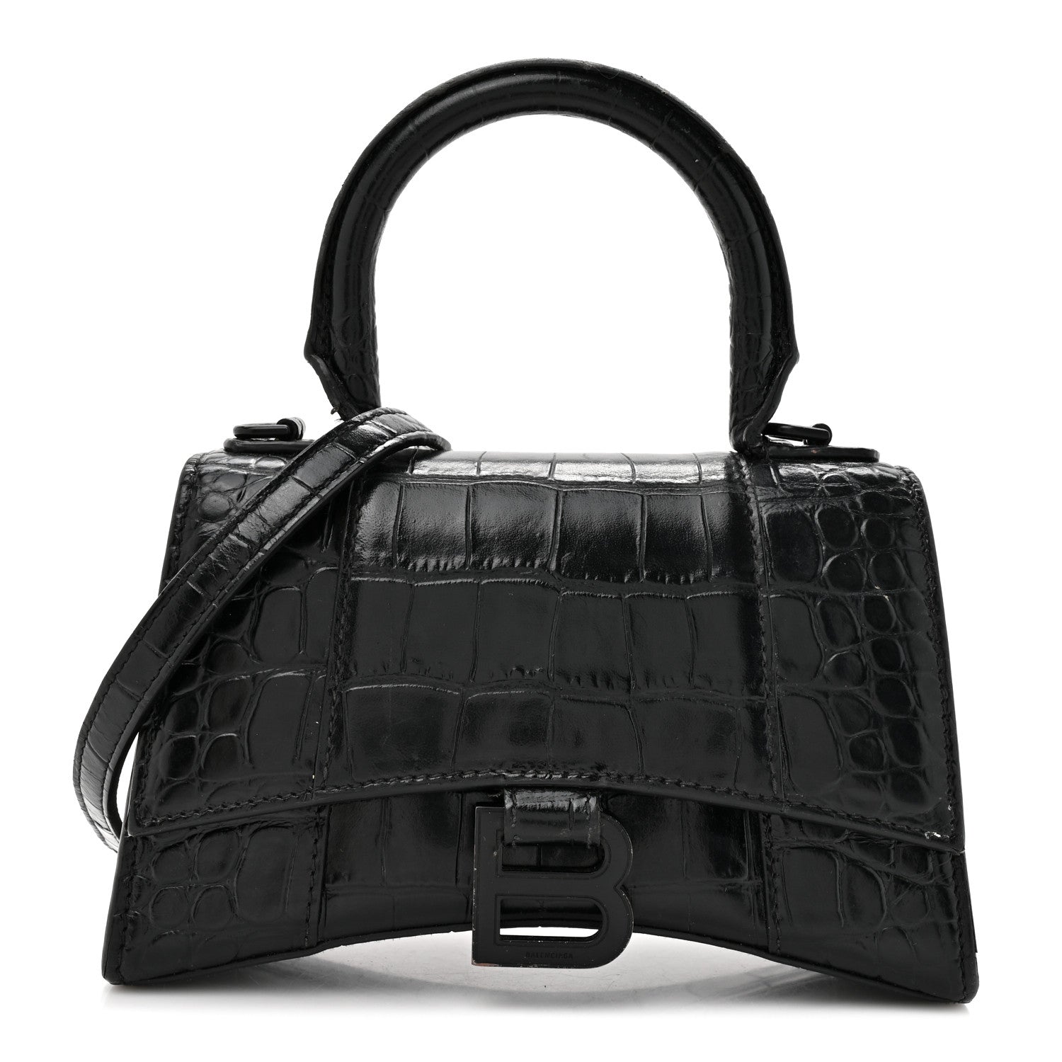 Shiny Calfskin Monochrome Crocodile Embossed Hourglass Top Handle Bag XS Black