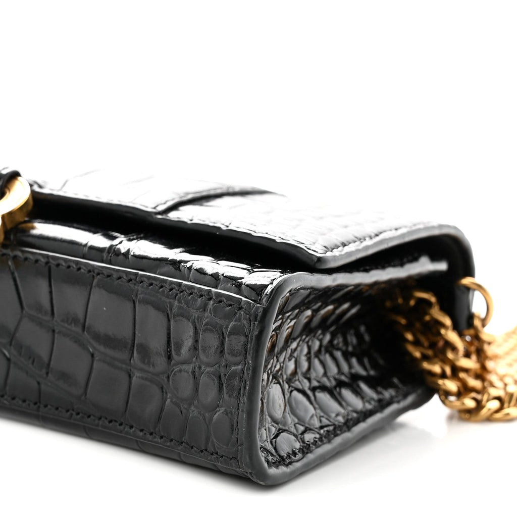 Shiny Calfskin Crocodile Embossed Hourglass Chain Bag Black