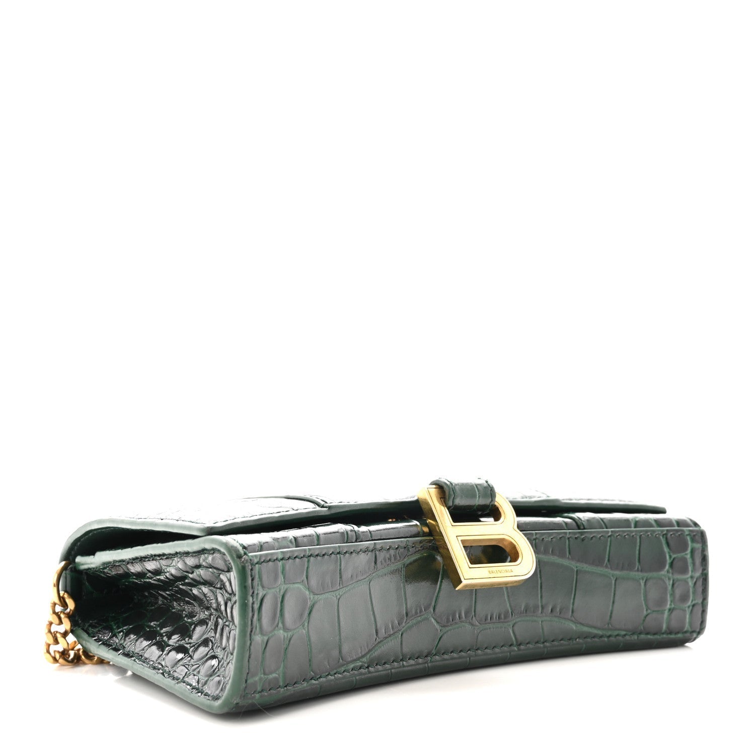 Shiny Calfskin Crocodile Embossed Hourglass Chain Bag Forest Green