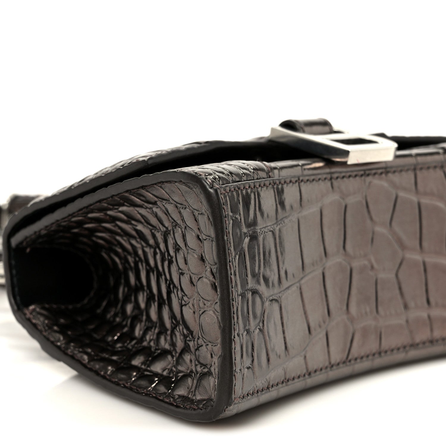 Metallic Shiny Calfskin Crocodile Embossed Hourglass Top Handle Bag XS Dark Bronze