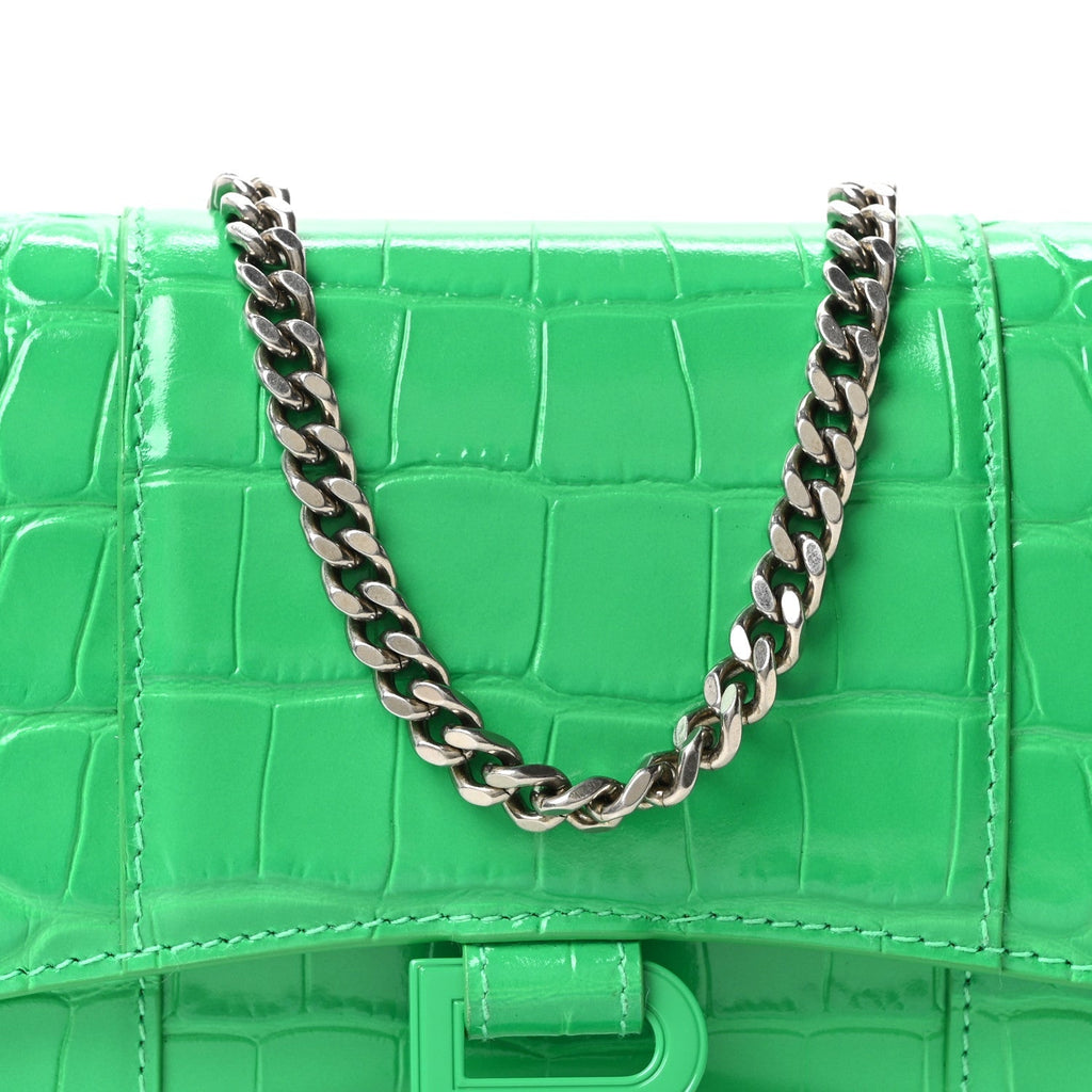 Shiny Calfskin Crocodile Embossed Hourglass Chain Bag Vivid Green