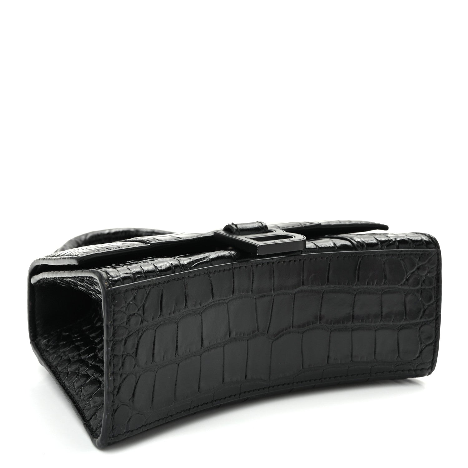 Shiny Calfskin Monochrome Crocodile Embossed Hourglass Top Handle Bag XS Black