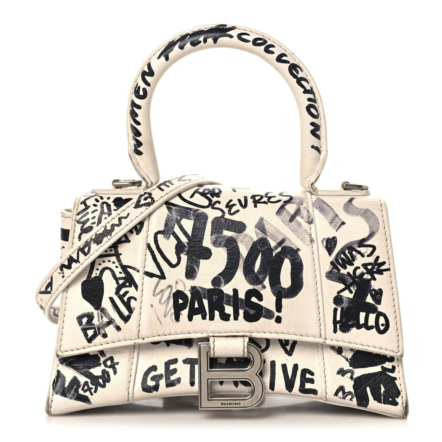 Smooth Calfskin Graffiti Hourglass Top Handle Bag XS White Black