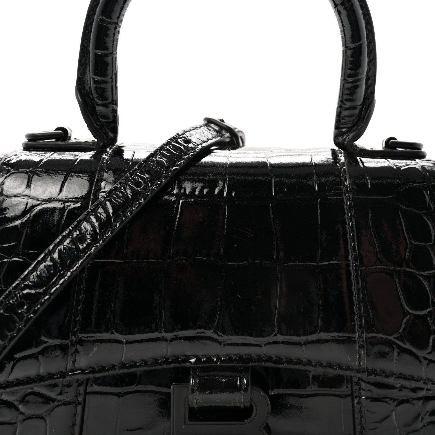Shiny Calfskin Monochrome Crocodile Embossed Hourglass Top Handle Bag XS Black