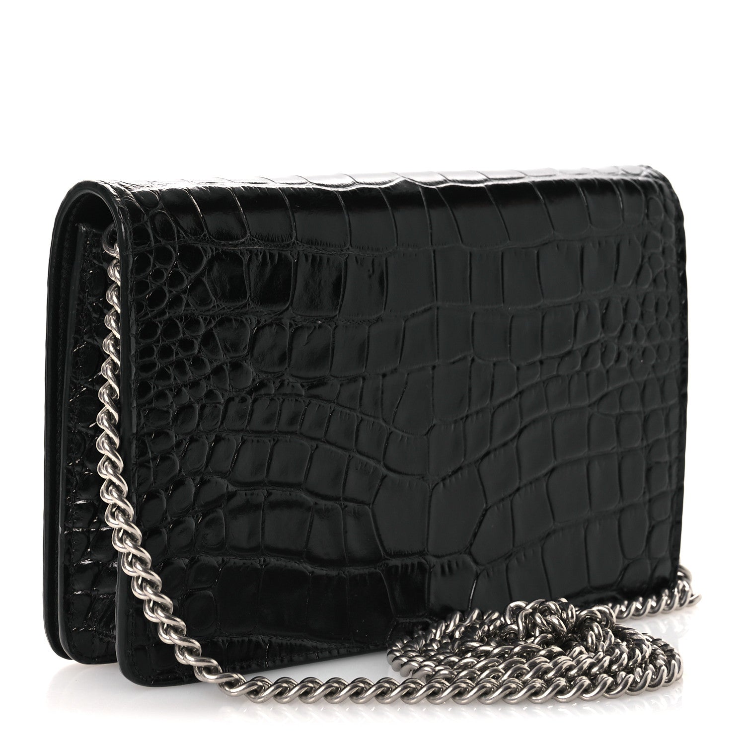 Shiny Calfskin Logo Crocodile Embossed Ville Wallet on Chain Black