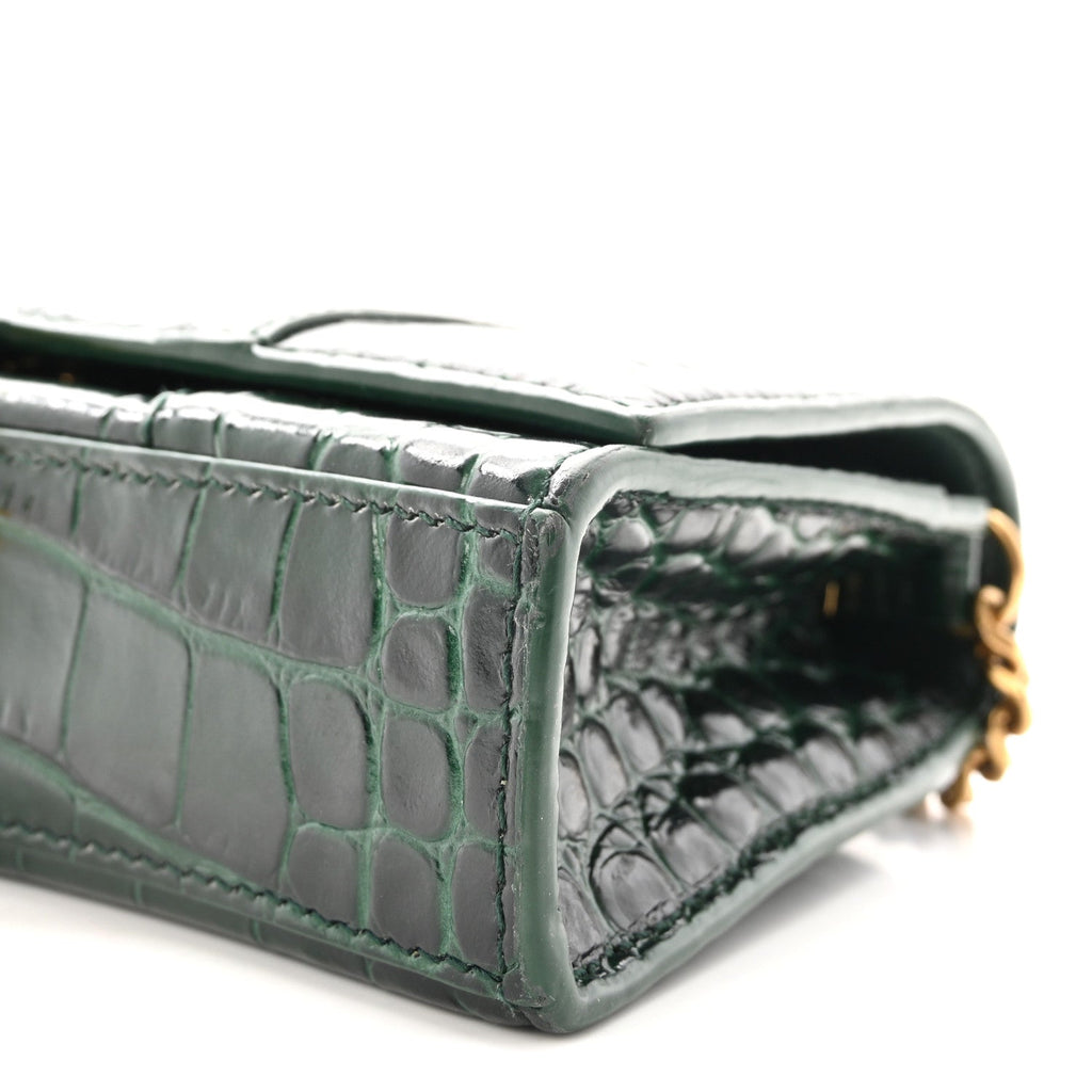 Shiny Calfskin Crocodile Embossed Hourglass Chain Bag Forest Green