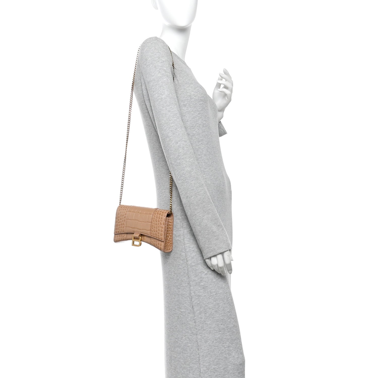 Shiny Calfskin Crocodile Embossed Hourglass Chain Bag Nude Beige