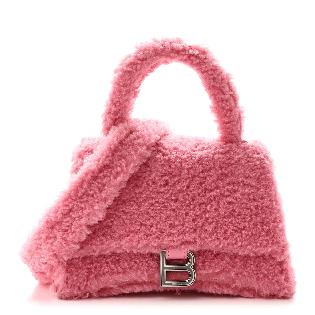 Curly Faux Shearling Small Hourglass Top Handle Bag Sweet Pink Pink