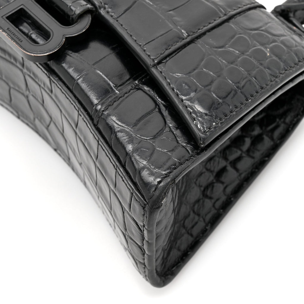 Shiny Calfskin Monochrome Crocodile Embossed Hourglass Top Handle Bag XS Black