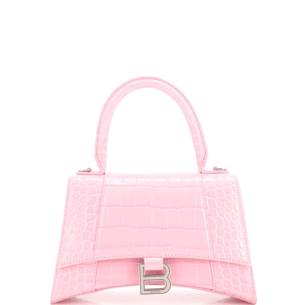 Hourglass Top Handle Bag Crocodile Embossed Leather Small