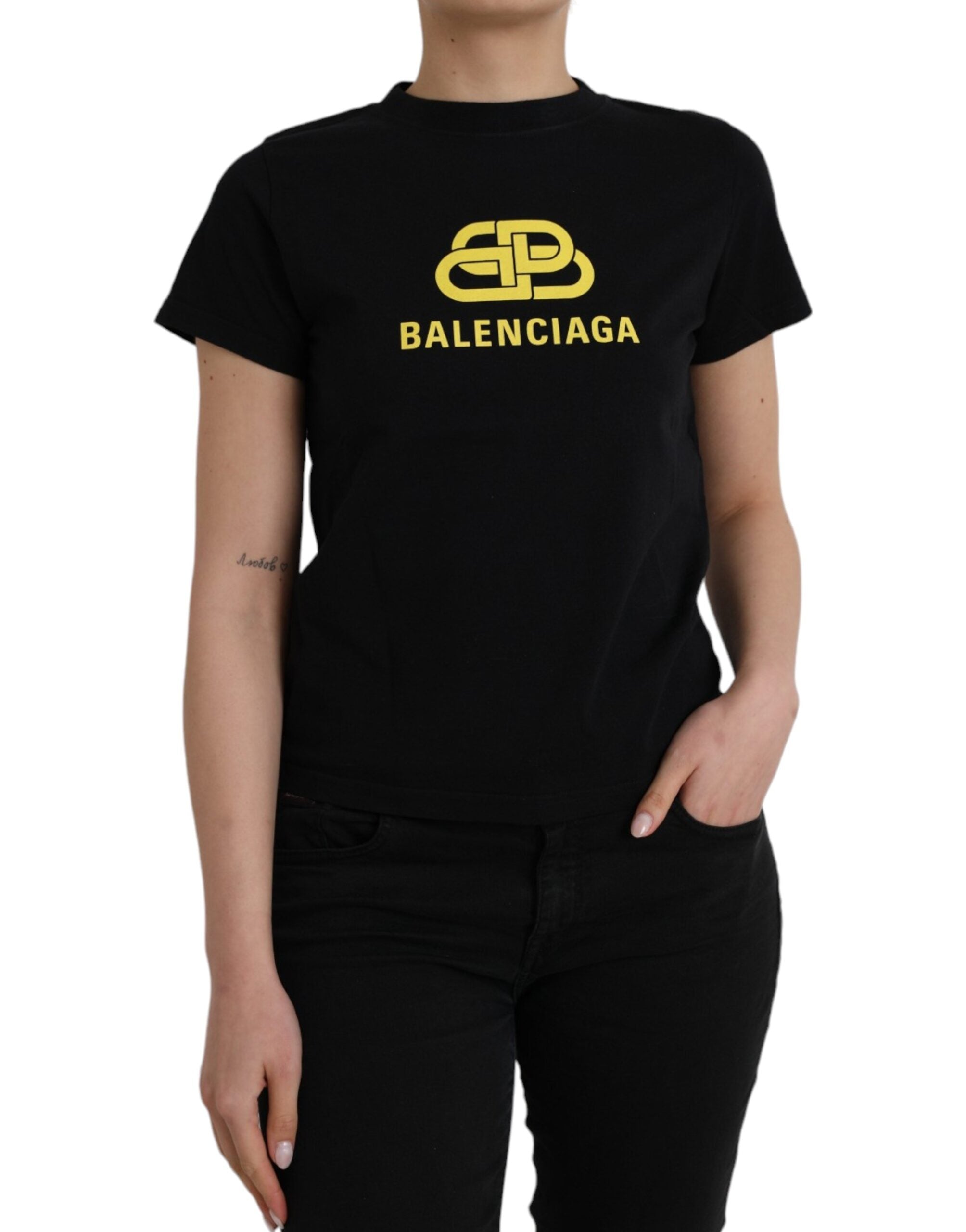 Balenciaga Black Cotton Logo Print Crew Neck Short Sleeves women T-shirt