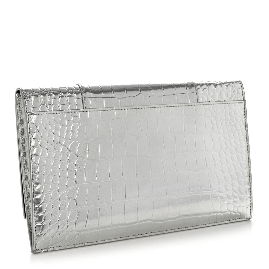 Metallic Calfskin Crocodile Embossed Hourglass Flap Flat Pouch Silver