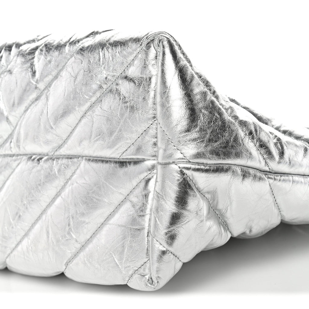 Metallic Crushed Calfskin Quilted Medium Crush Carry All Tote Bag Silver