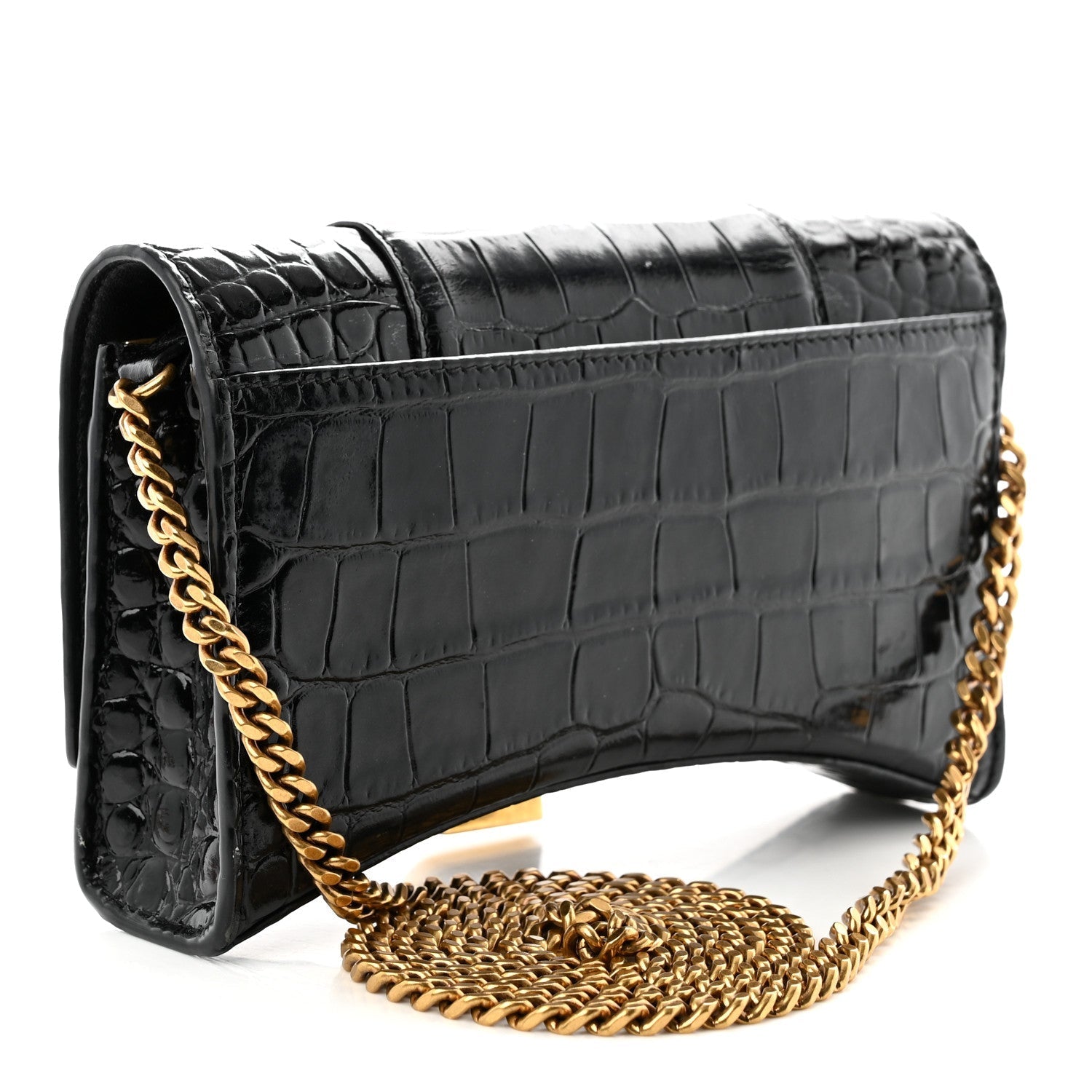 Shiny Calfskin Crocodile Embossed Hourglass Chain Bag Black