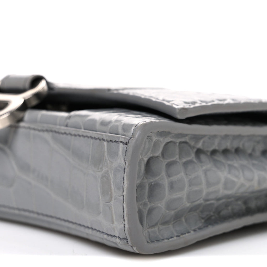 Shiny Calfskin Crocodile Embossed Hourglass Chain Bag Balenciaga Steel Grey