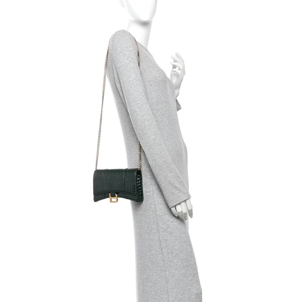 Shiny Calfskin Crocodile Embossed Hourglass Chain Bag Forest Green