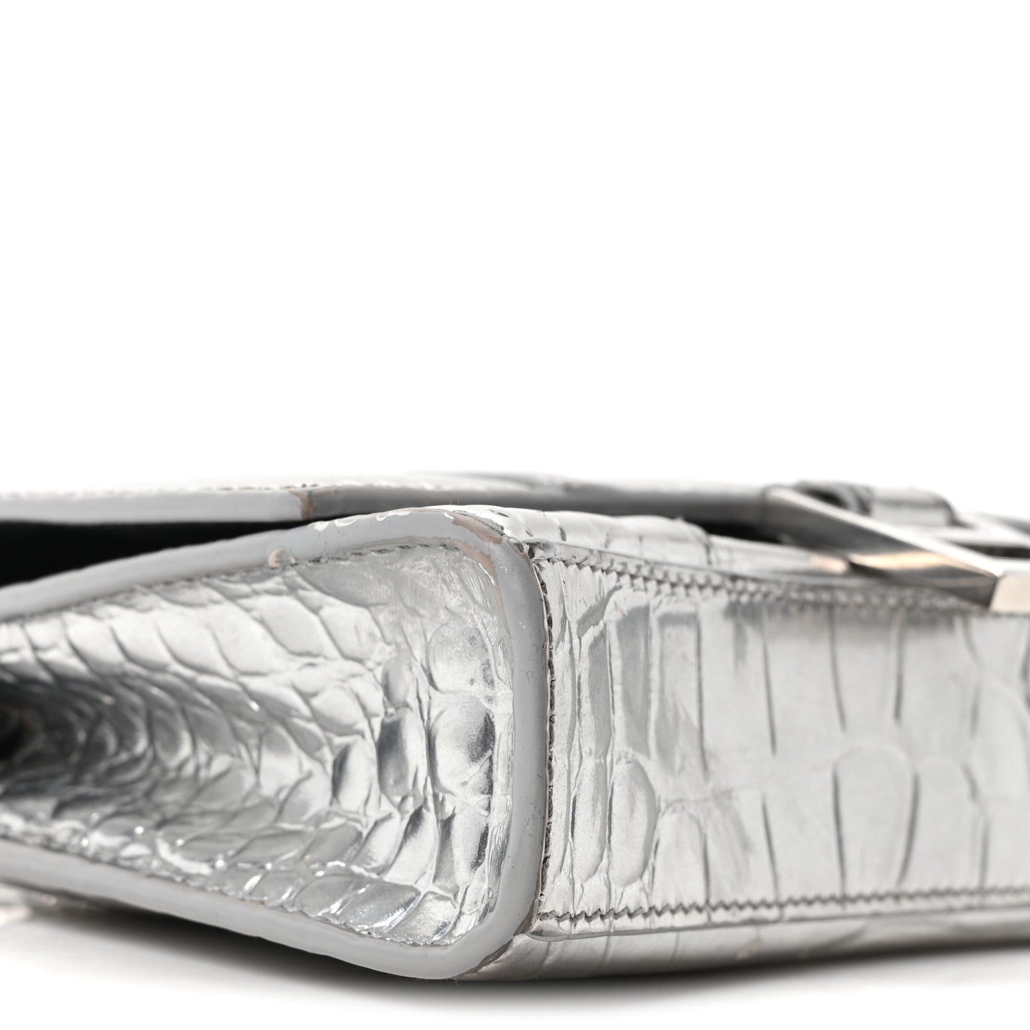 Metallic Calfskin Crocodile Embossed Hourglass Chain Bag Silver