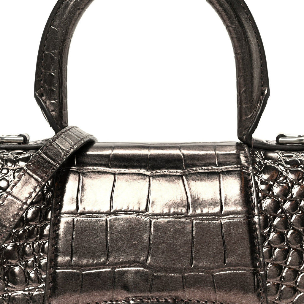 Metallic Shiny Calfskin Crocodile Embossed Hourglass Top Handle Bag XS Dark Bronze